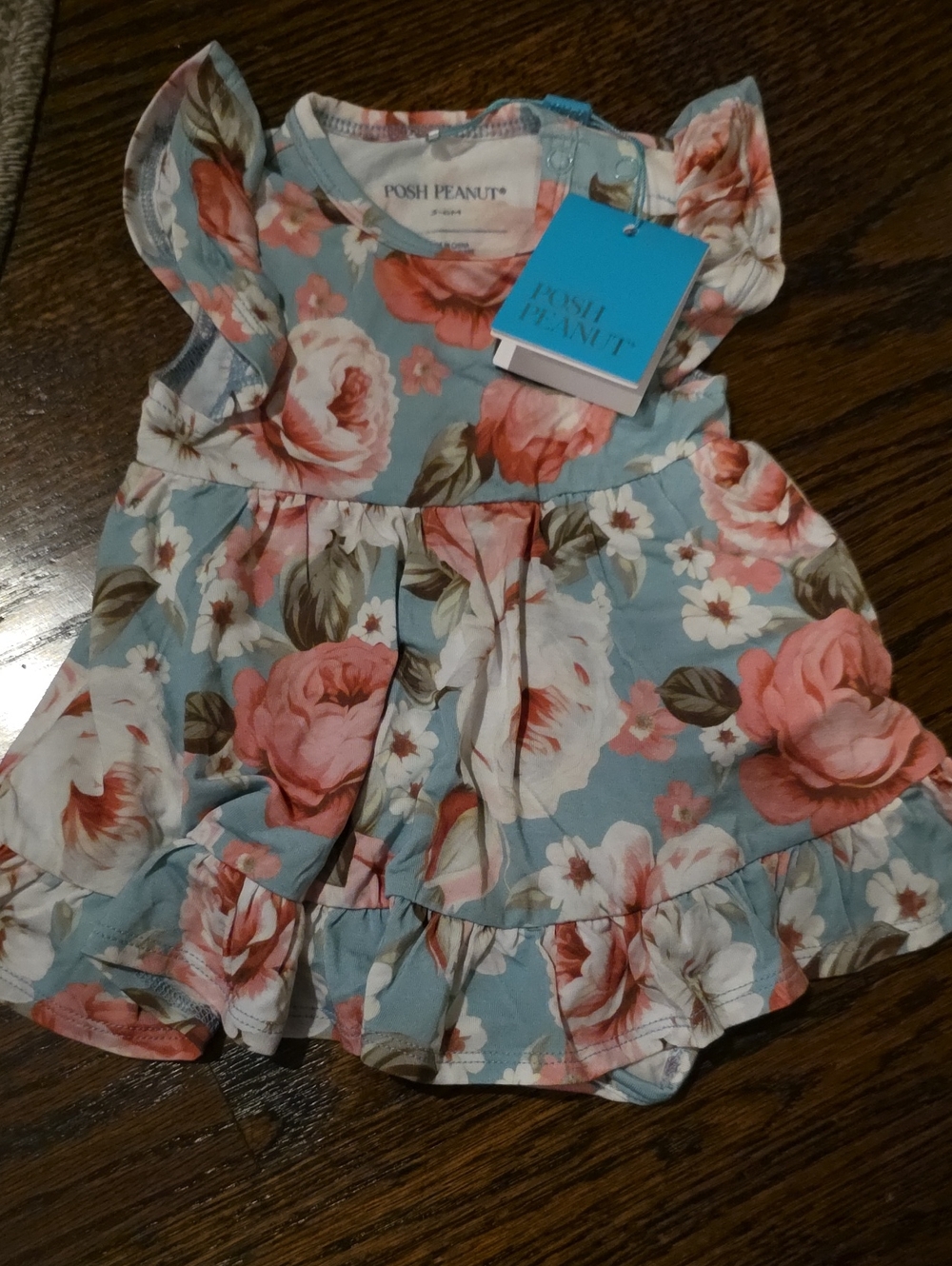 Posh Peanut Blue Floral Ruffle Dress with Pink Roses